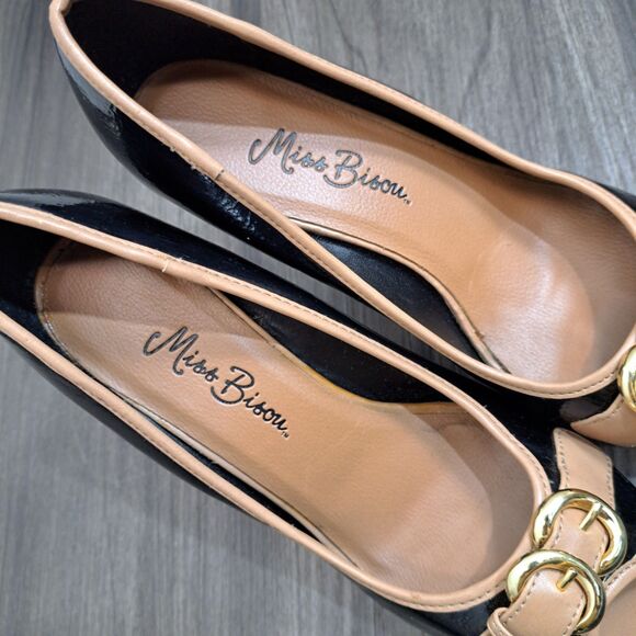 Miss Bisou High Heels Black, Gold Buckle Open Toe Casual Heels Women's Sz 6.5M - Picture 6 of 8